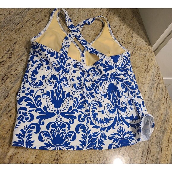 Lands End Women’s 12 Tankini Blue white Damask Flower Padded - Picture 6 of 14